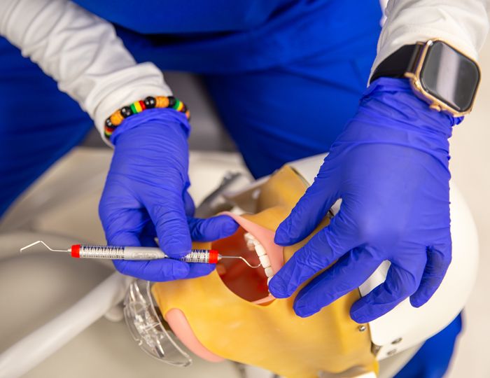 Student uses dental instruments on a training mannequin in a dental lab.
